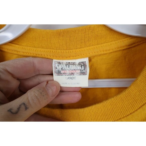 Vtg 90s Spalding Mens Large Spell Out Fire Flames Short Sleeve T-Shirt Yellow - Picture 7 of 12